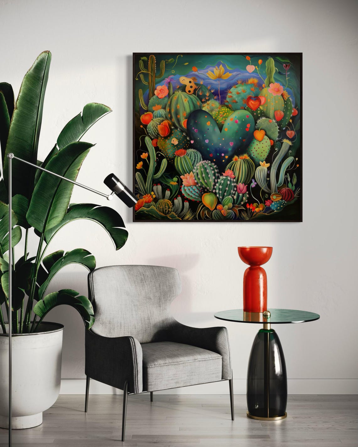 Whimsical Heart Shaped Cactus Garden Night Sky Desert Art Print - Image 2