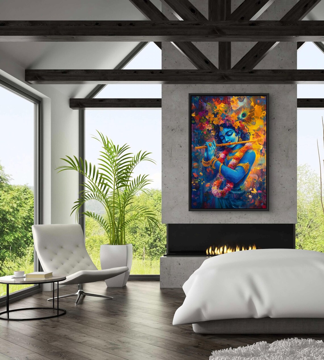 Lord Krishna Hindu God Painting Print With Flute - Image 2