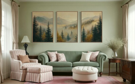 Misty Mountain Sunrise Forest Wall Art In Muted Tones Tranquil Pine Tree Art For Above Couch Or Bed Rustic Lake House Decor
