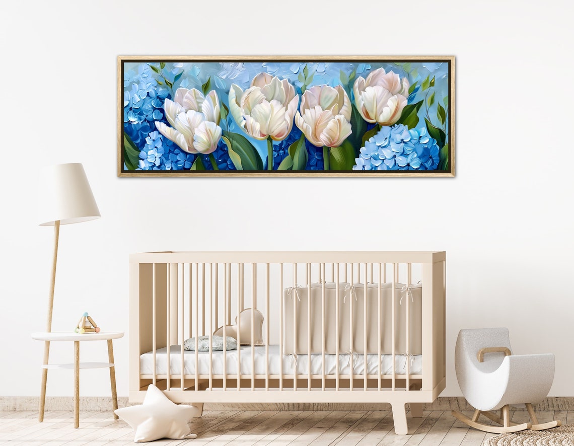Elegant White Tulips Blue Hydrangeas Panoramic Floral Painting Poster - Image 3