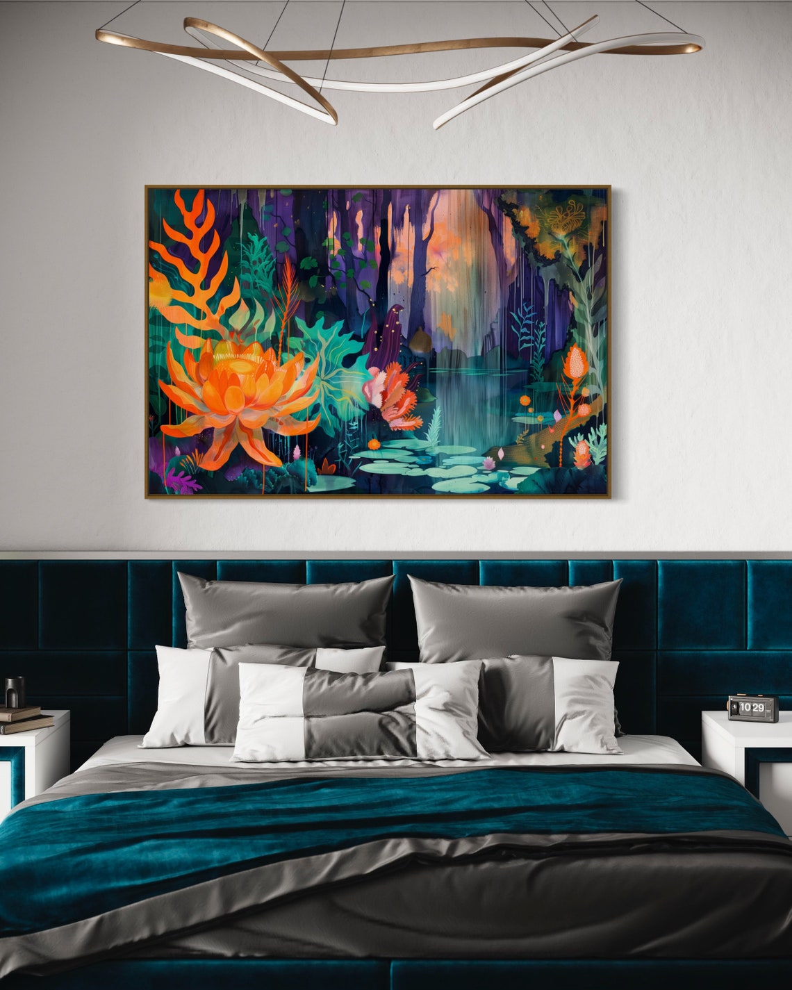 Psychedelic Neon Jungle Lotus Pond Purple Teal Fantasy Wall Art - Image 3