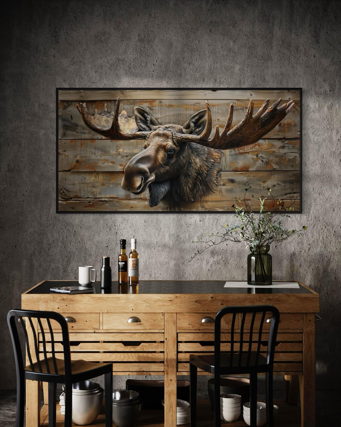 Majestic Moose Head Antlers Rustic Wood Plank Panoramic Wildlife Art Poster - Image 3