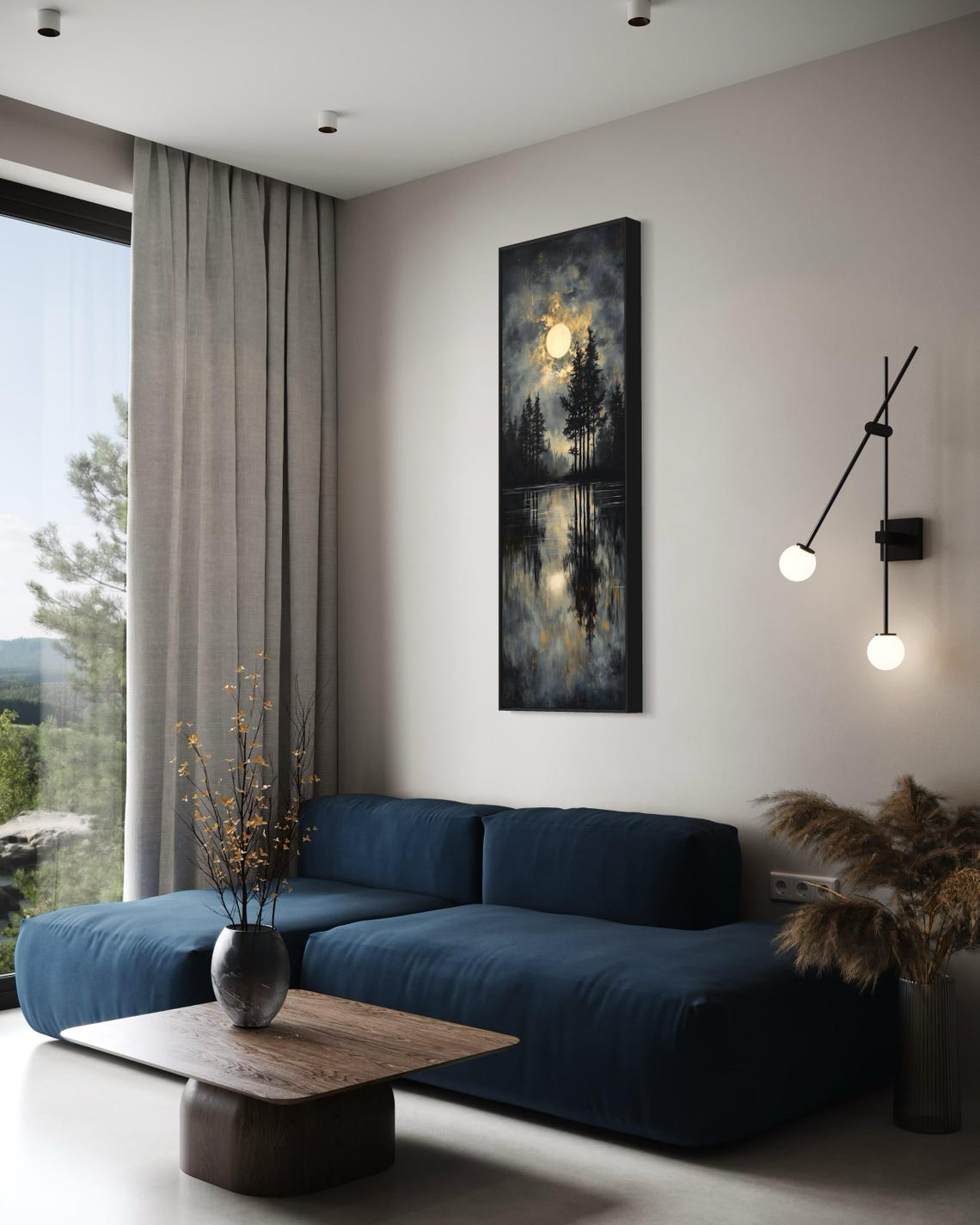 Moonlit Forest Lake Golden Night Sky Misty Trees Narrow Poster - Image 2