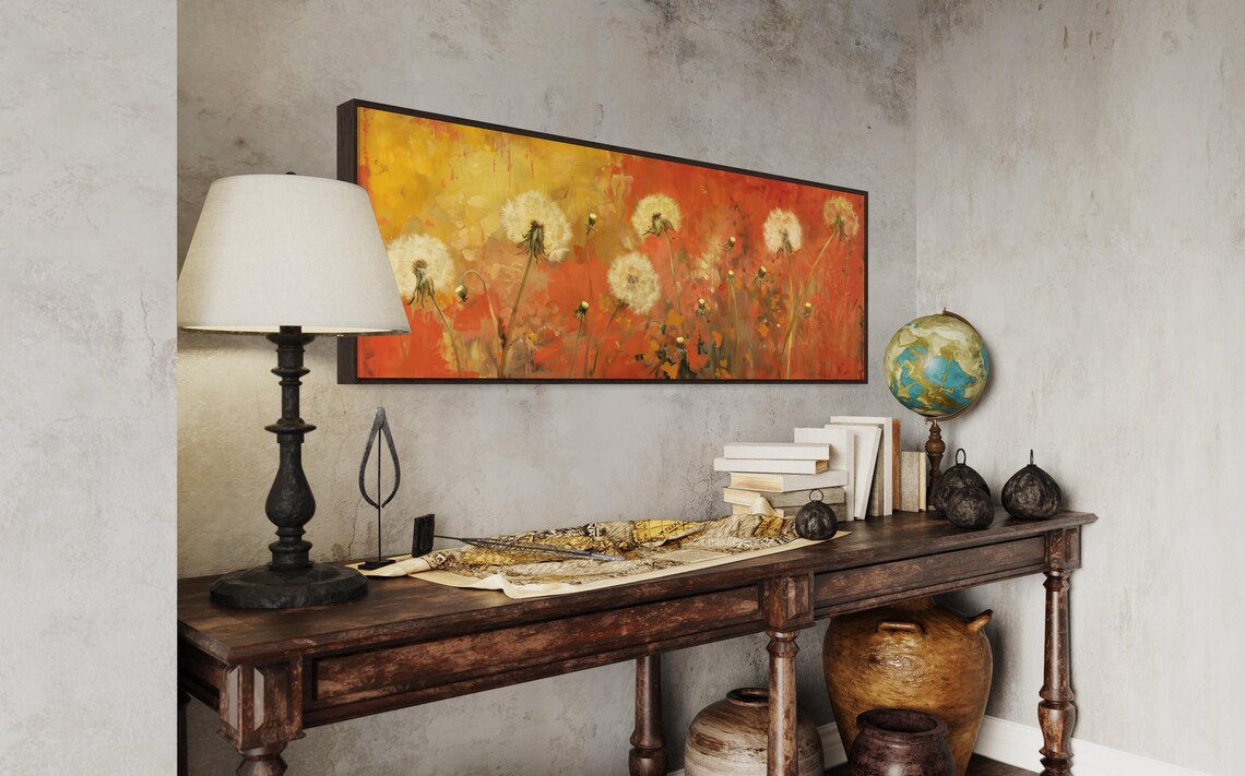 White Dandelion Seed Heads Fiery Orange Panoramic Summer Wall Art - Image 5