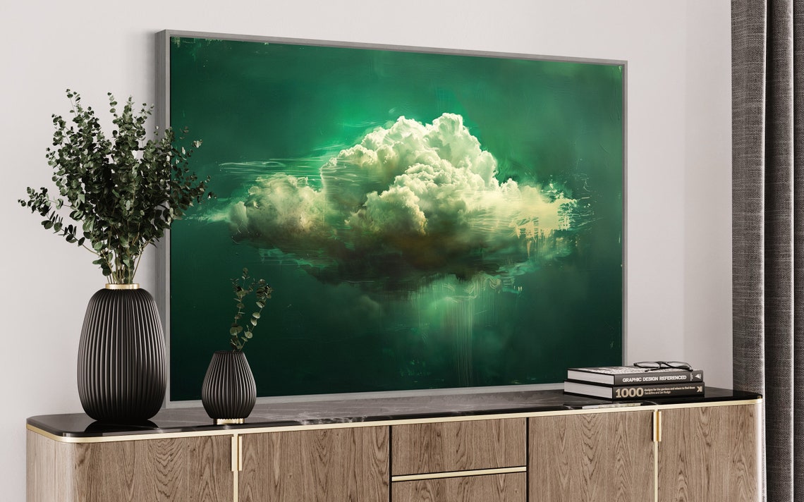 White Cloud Emerald Green Decor Peaceful Bedroom Art Modern Impressionism Cloud Painting Print For Hallway And Coquette Decor - Image 5