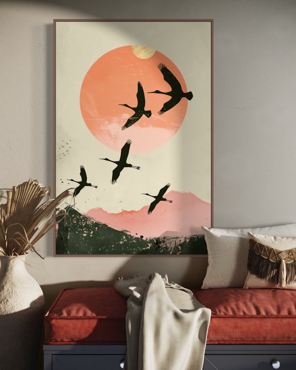 Japanese Cranes Flying Over Red Sun Minimalist Oriental Art Print - Image 3