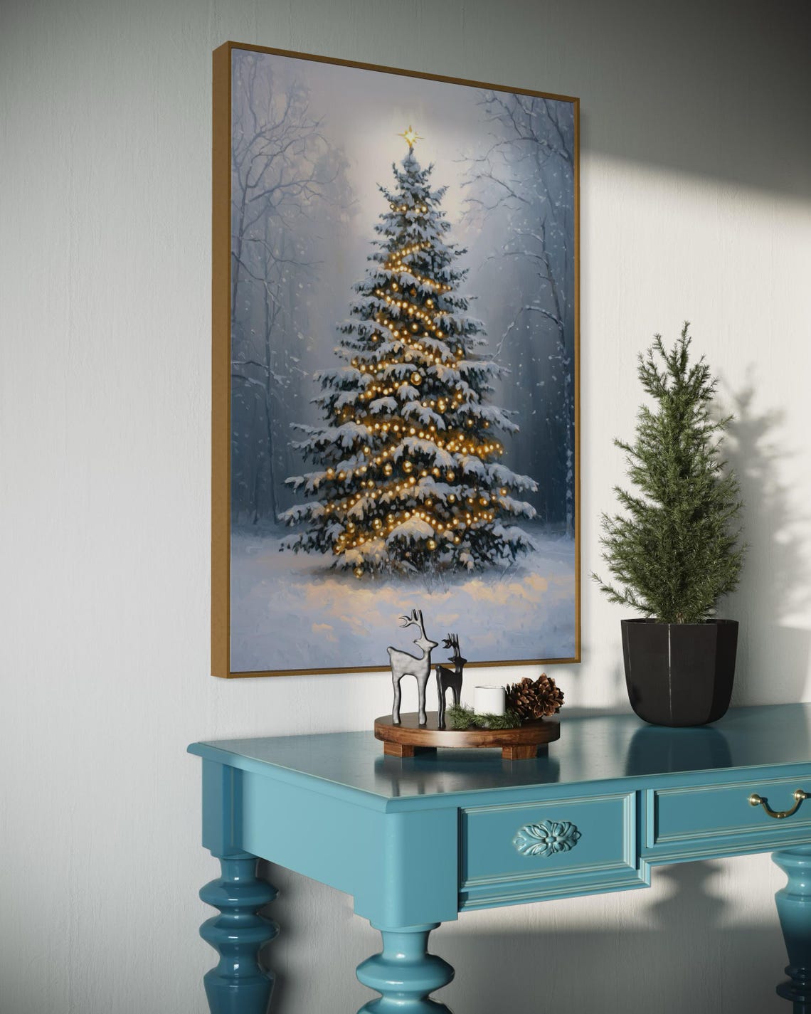Glowing Christmas Tree Golden Lights Snowy Forest Winter Holiday Print - Image 5