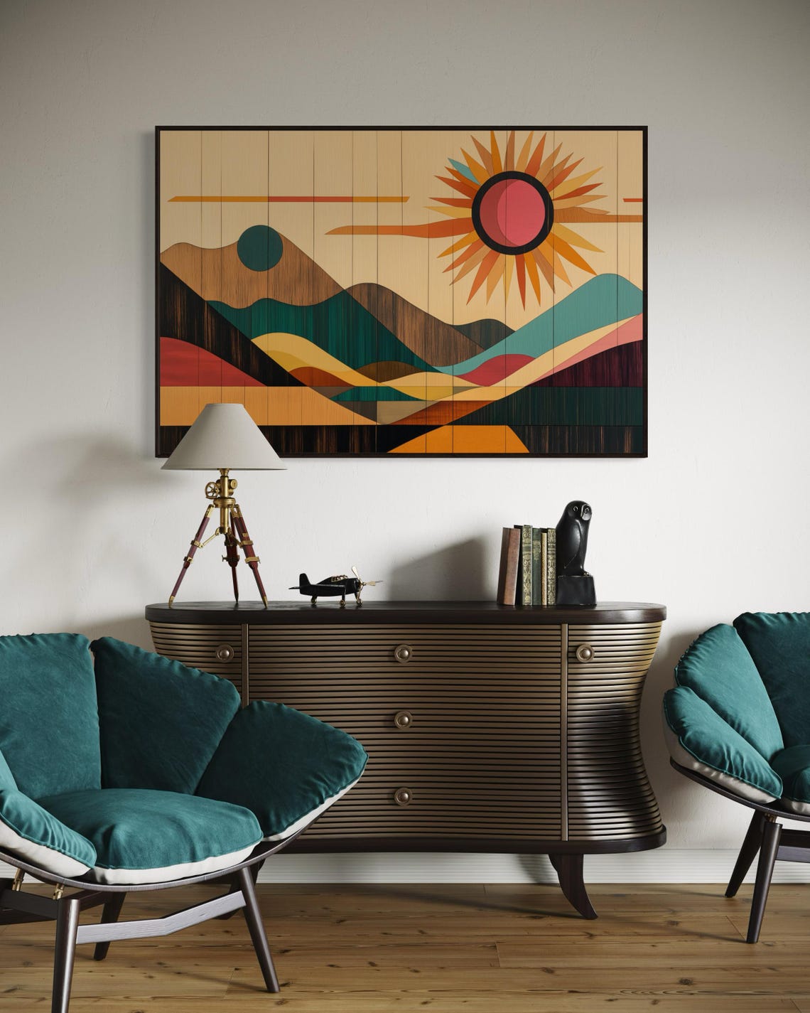 Mid Century Modern Sunburst Desert Mountains Geometric Wall Art Print - Image 2