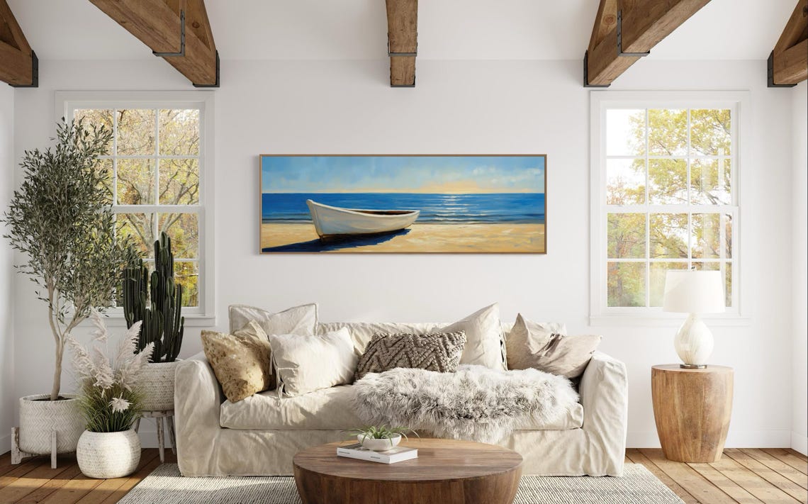 Serene White Rowboat Sandy Beach Blue Ocean Panoramic Travel Poster - Image 3