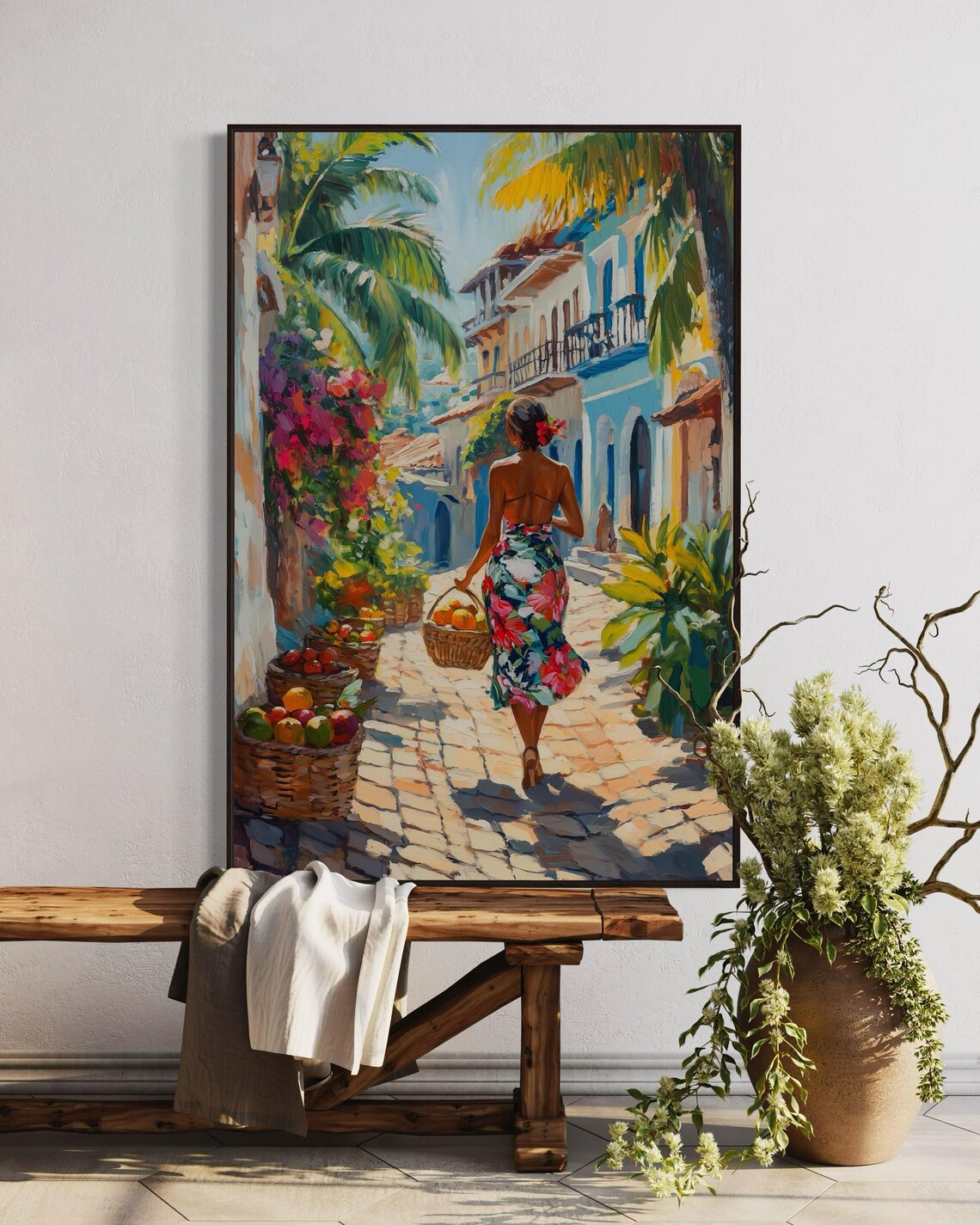 Caribbean Woman Tropical Market Scene Art Print - Image 3