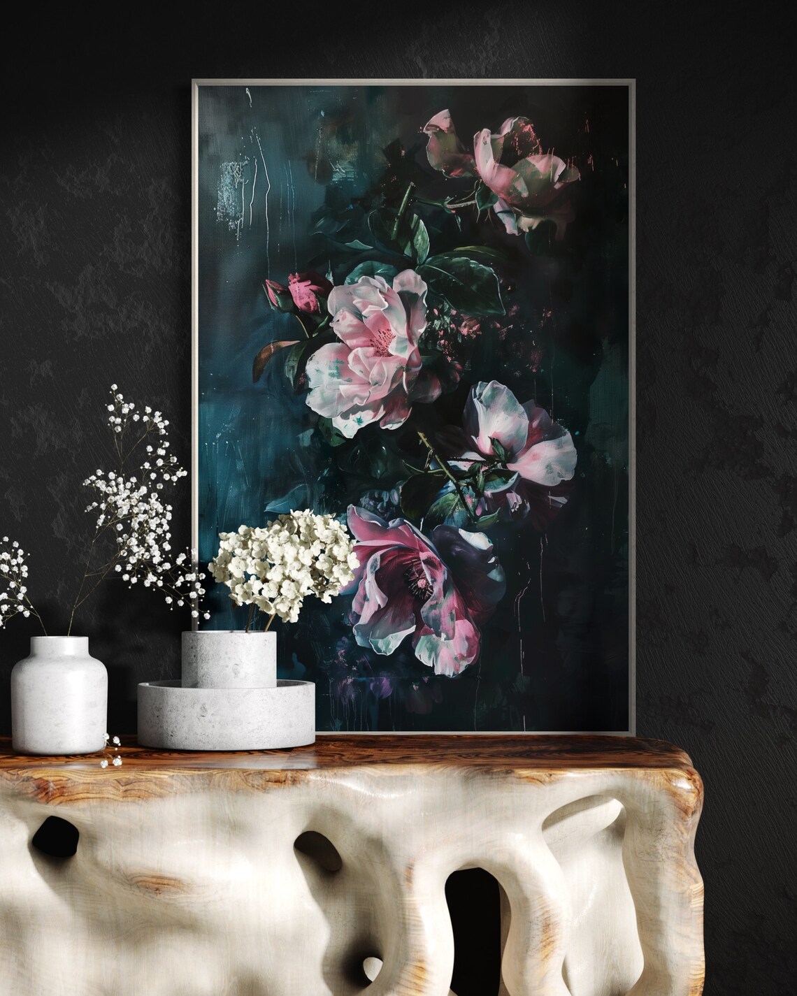 Dark Baroque Roses Pink Blooms Moody Floral Still Life Wall Art