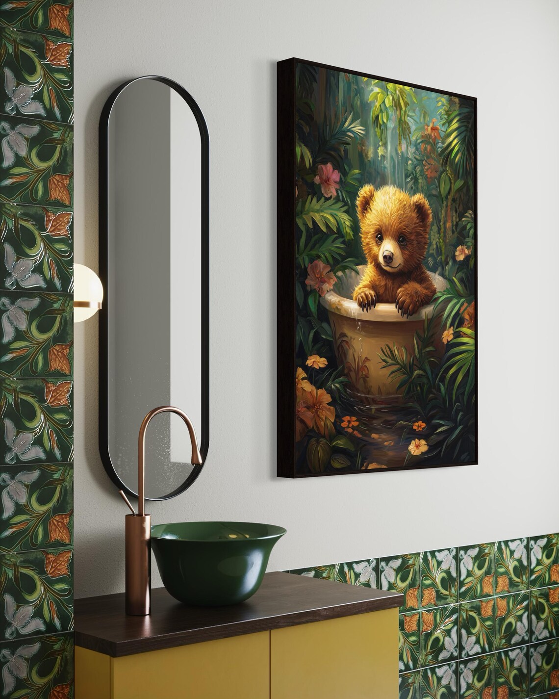 Baby Bear Cub Bath Time Tropical Jungle Flowers Whimsical Nursery Print - Image 3