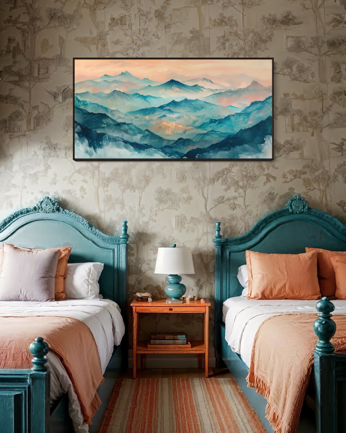 Misty Blue Mountain Peaks Peach Dawn Sky Layered Panoramic Poster - Image 3