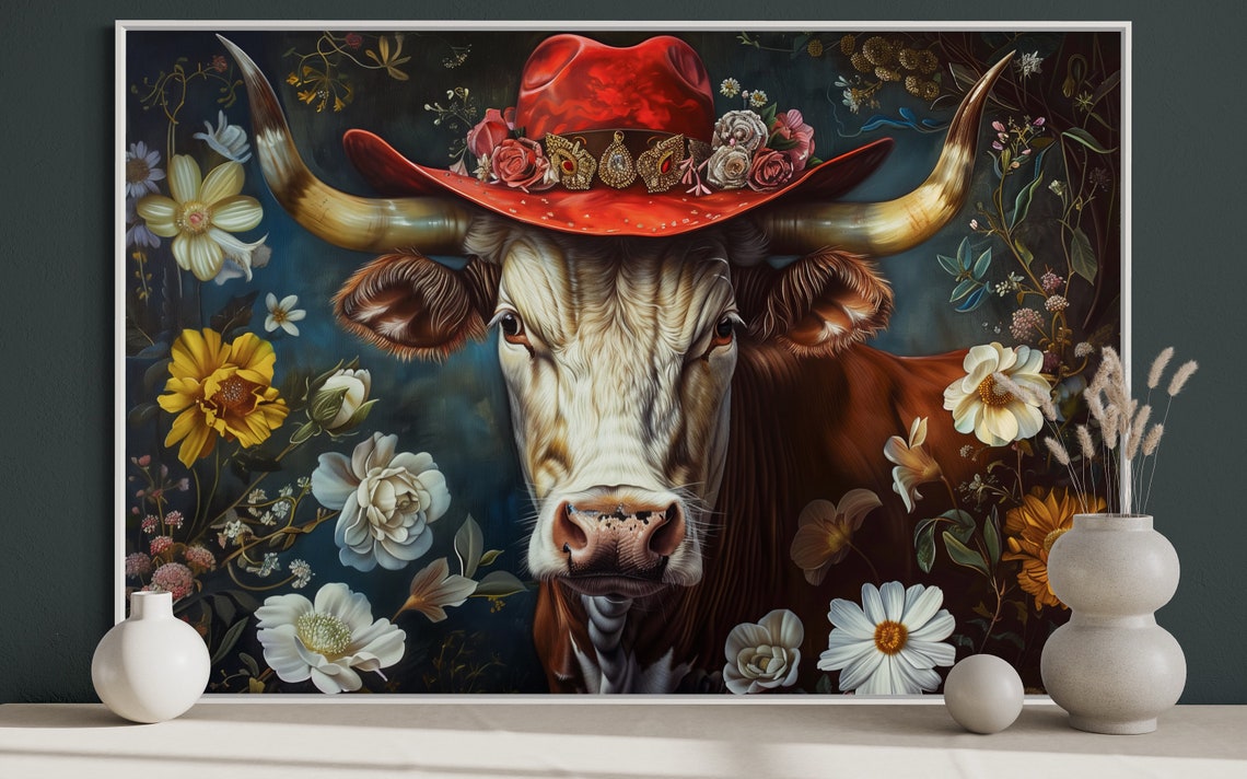 Whimsical Longhorn Cow Red Cowboy Hat Florals Rustic Western Poster - Image 5