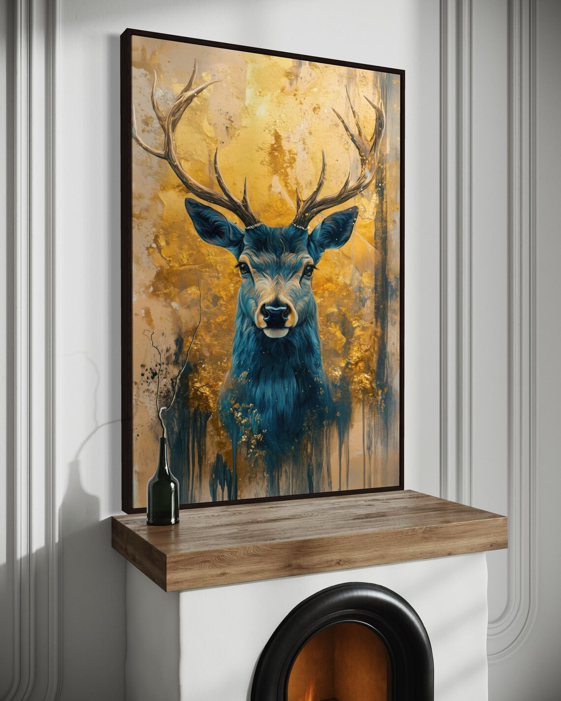 Blue Deer Art Print, Golden Background Rustic Poster - Image 4