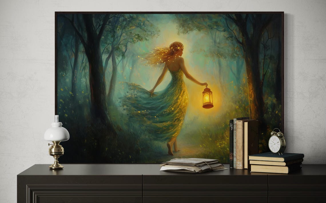 Mystical Forest Woman Art Print, Fantasy Forest Decor