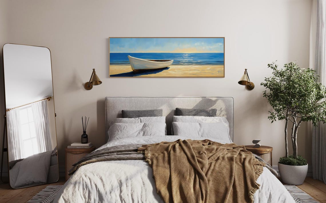 Serene White Rowboat Sandy Beach Blue Ocean Panoramic Travel Poster - Image 2