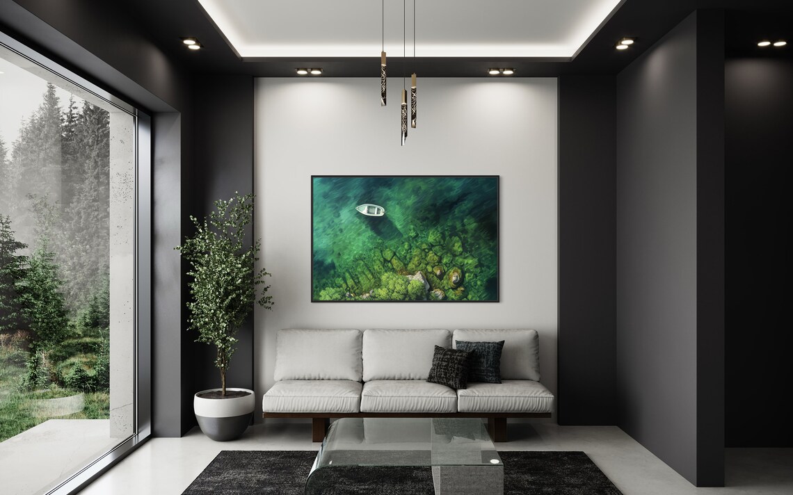 Emerald Escape Boat Art Print, Modern Lake House Decor - Image 4