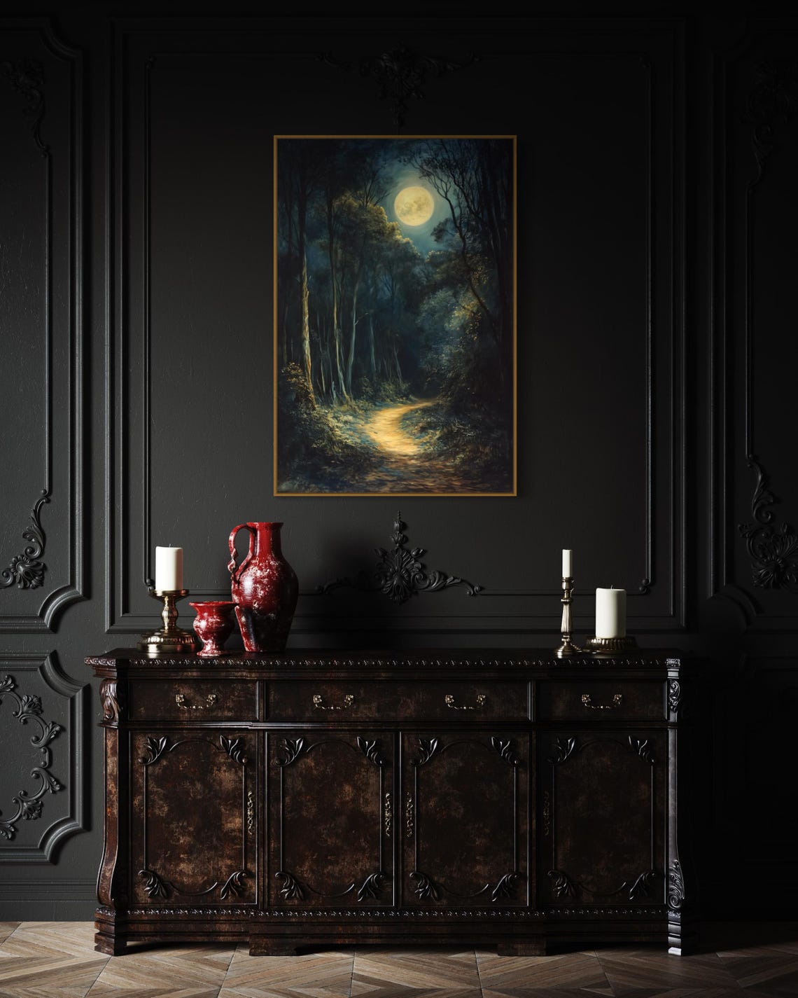 Enchanted Dark Forest Painting Print Mystical Art With Full Moon For Gothic Home Decor And Moody Wall Art - Image 2