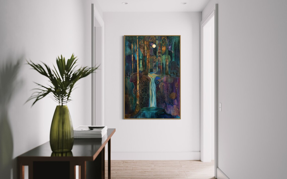 Enchanted Forest Art Klimt Inspired Print Dreamlike Waterfall And Magical Woods Vibrant Color Abstract Forest - Image 3