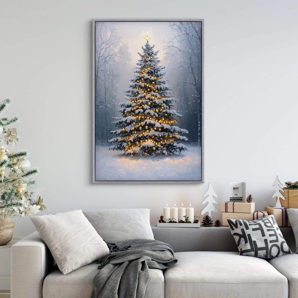 Glowing Christmas Tree Golden Lights Snowy Forest Winter Holiday Print - Image 2