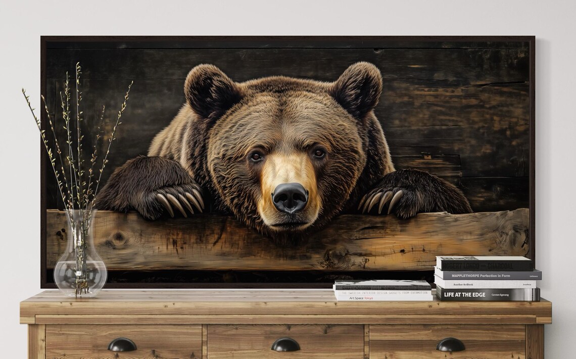 Grizzly Bear Face Peeking Over Wooden Beam Rustic Lodge Wildlife Art Poster - Image 5