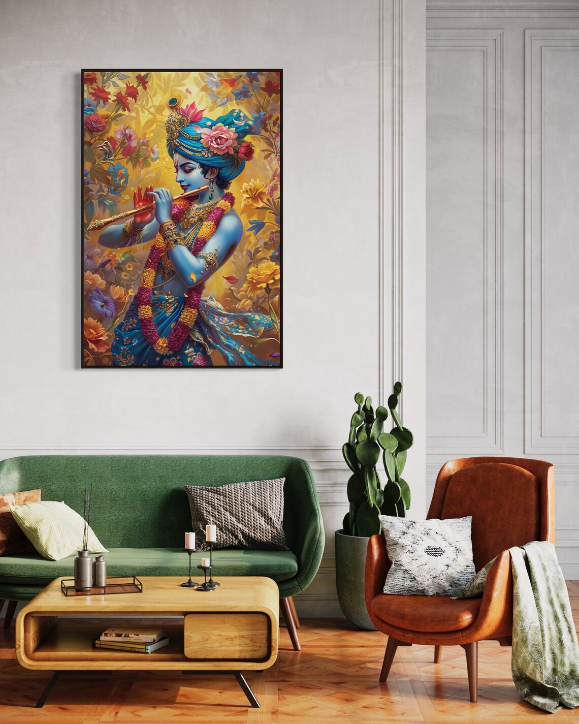Lord Krishna Playing Flute Divine Blue Floral Spiritual Hindu Art Poster - Image 3