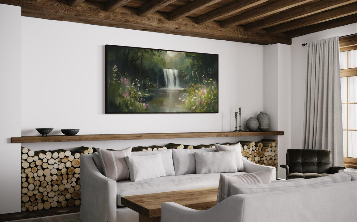 Moody Waterfall Print Lush Rainforest Wall Art With Wildflowers And Calm River Reflection Perfect Relaxing Decor - Image 2