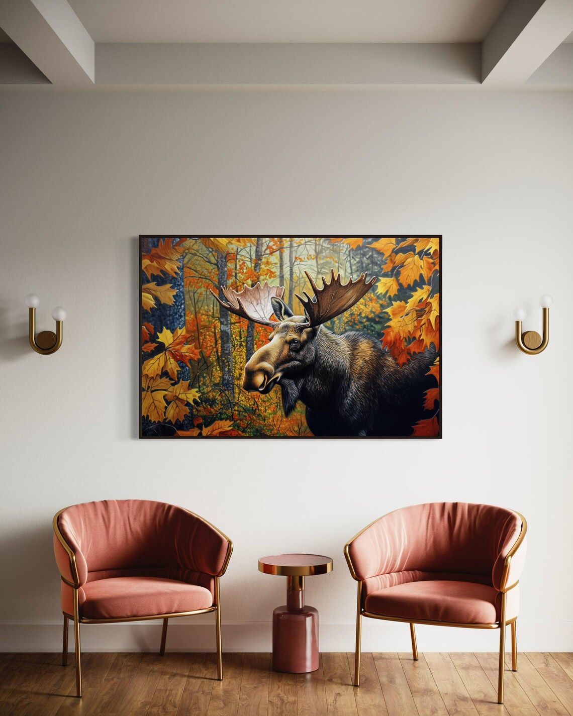 Moose Portrait Autumn Forest Realistic Bull Wildlife Painting Art Wall Poster - Image 3