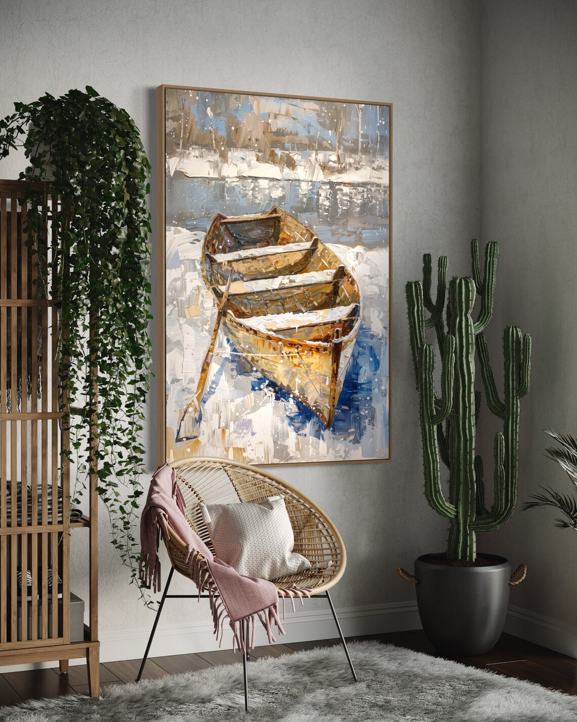 Winter Rowboat Lake House Landscape Art Print - Image 4