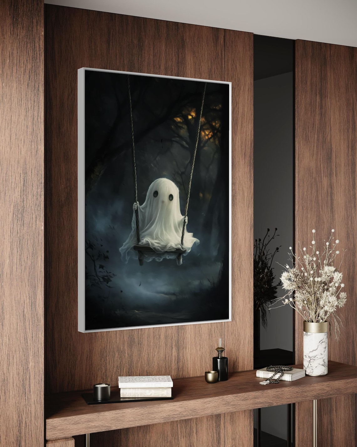 Cute Ghost On Swing Misty Dark Forest Spooky Halloween Art Print - Image 3