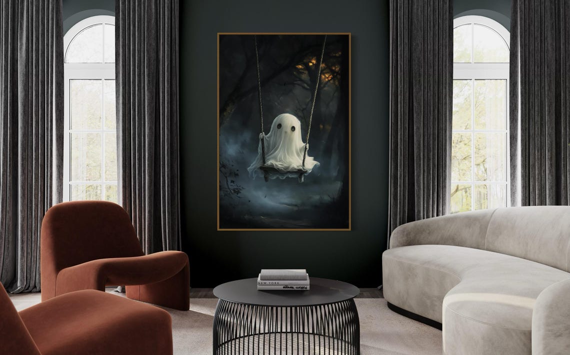 Cute Ghost On Swing Misty Dark Forest Spooky Halloween Art Print - Image 5