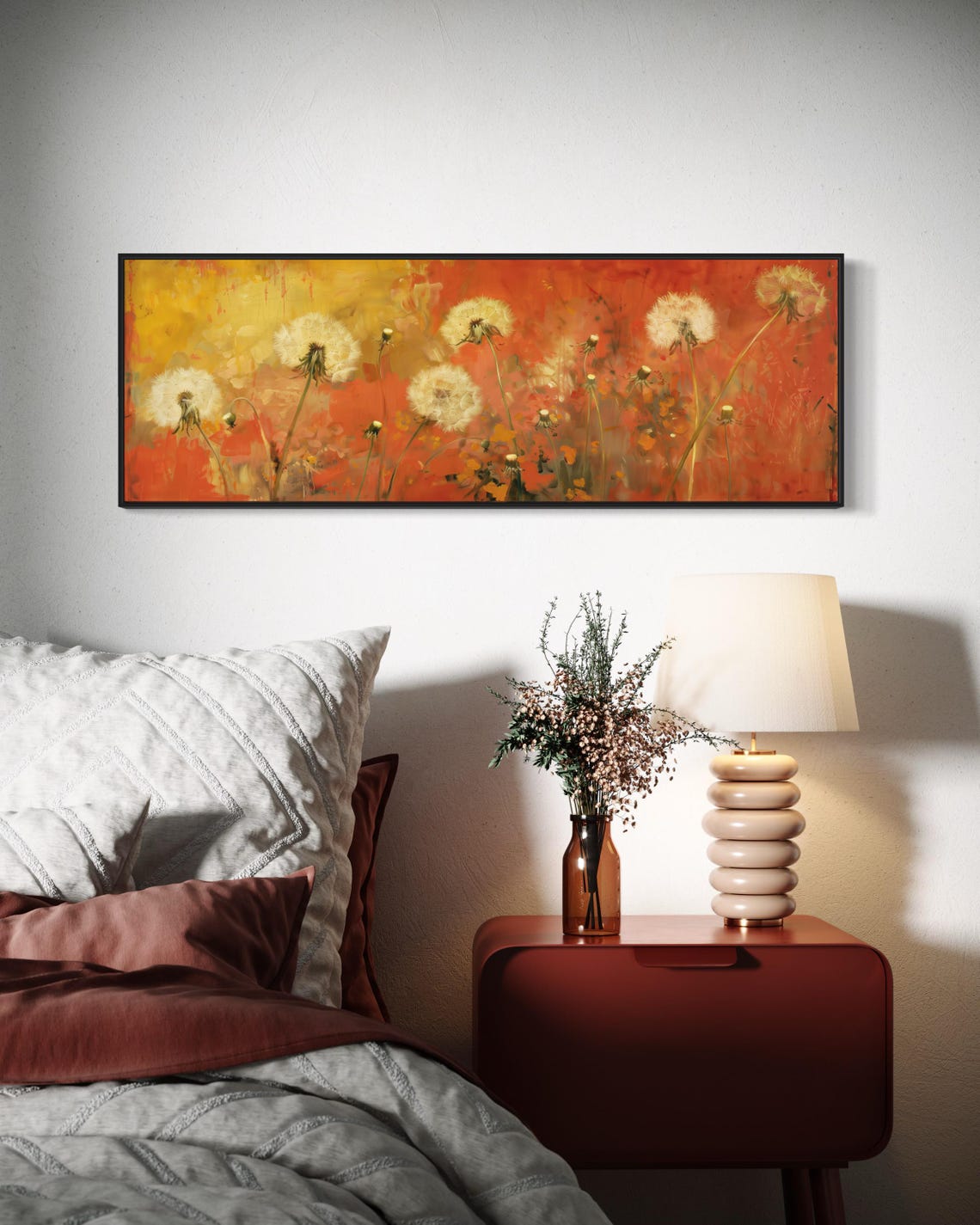 White Dandelion Seed Heads Fiery Orange Panoramic Summer Wall Art - Image 4