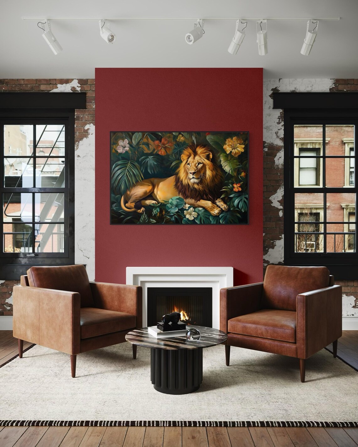 Majestic Lion Resting Tropical Jungle Foliage Hibiscus Flower Art Print - Image 4
