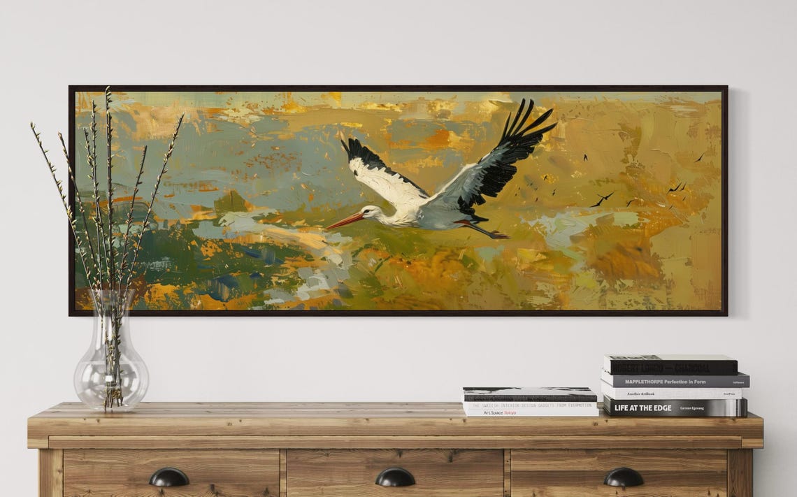White Stork in Flight Over Golden Marsh Abstract Wildlife Poster