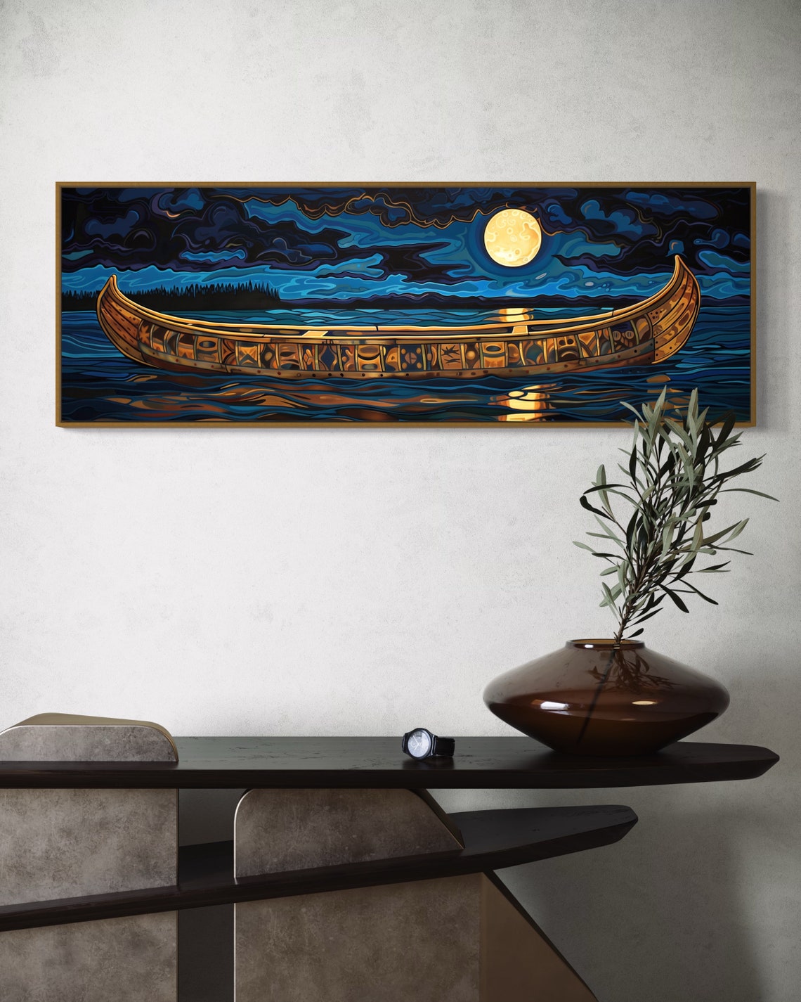 Moonlit Canoe Golden Moon Night Lake Rustic Panoramic Poster - Image 3