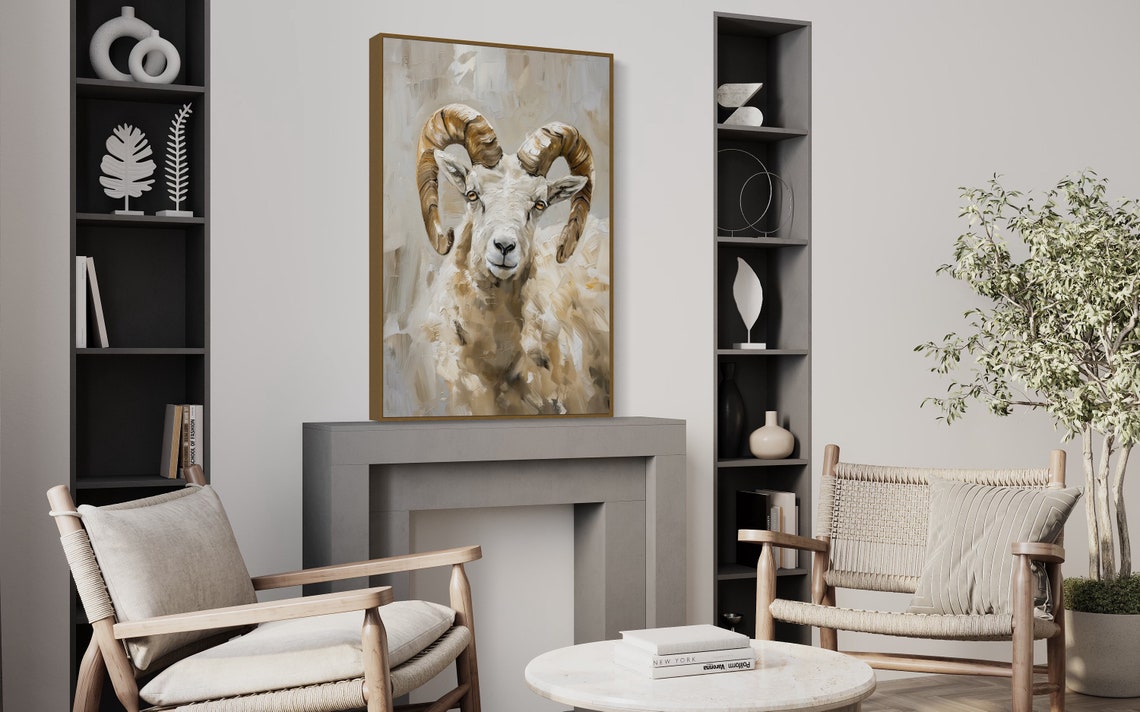 White Ram with Curled Horns Vertical Wildlife Portrait Wall Art - Image 2