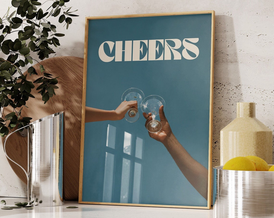Sleek Chic Cheers Wine Toast Poster on Navy Modern Bar Cart Decor