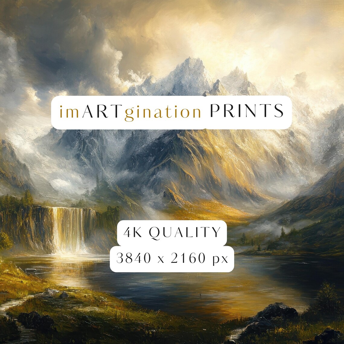 Waterfall Mountain Vintage Oil Painting, Fantasy Art - Image 2