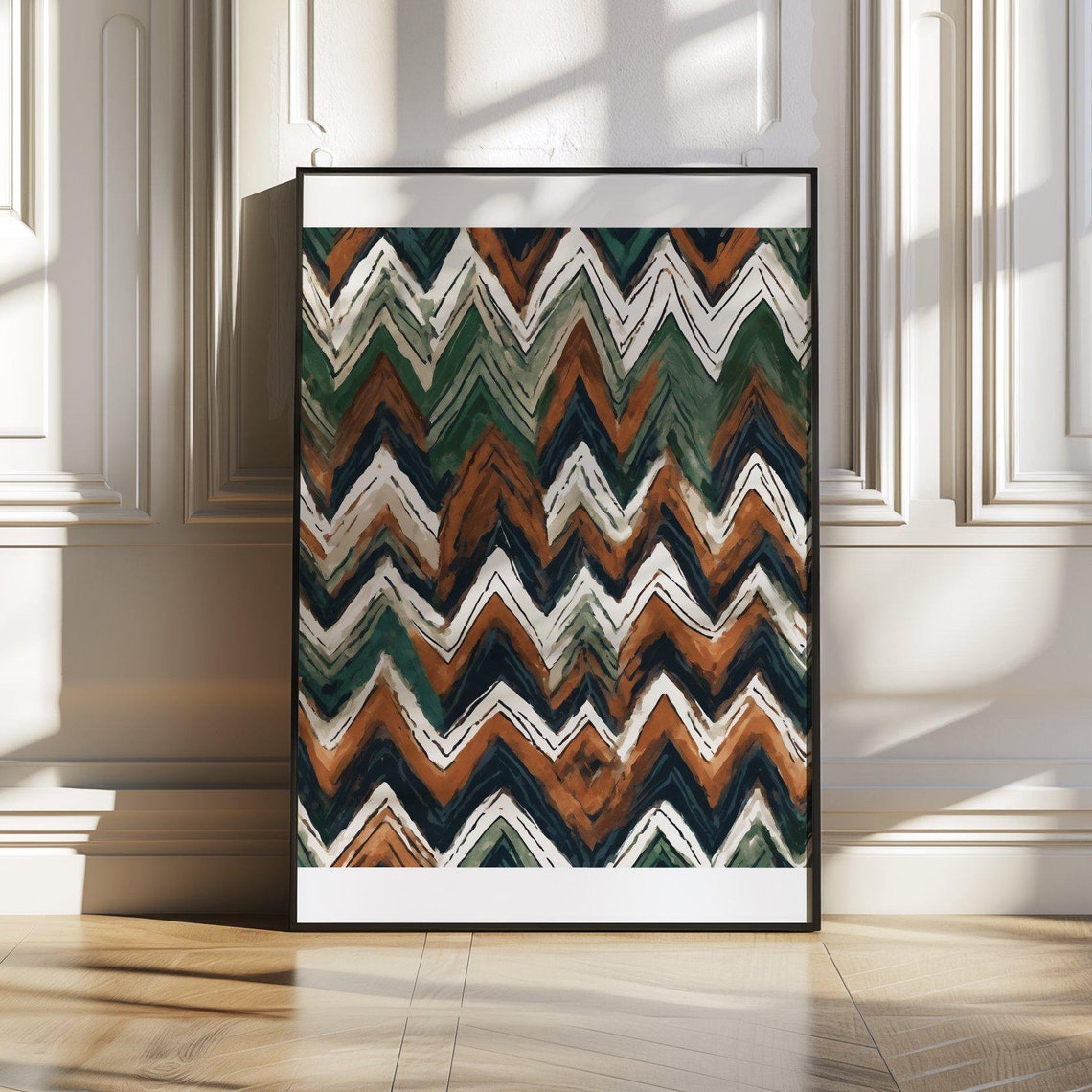 Dark Chevron Zigzag Poster Brown Green Bold Geometric Pattern Art