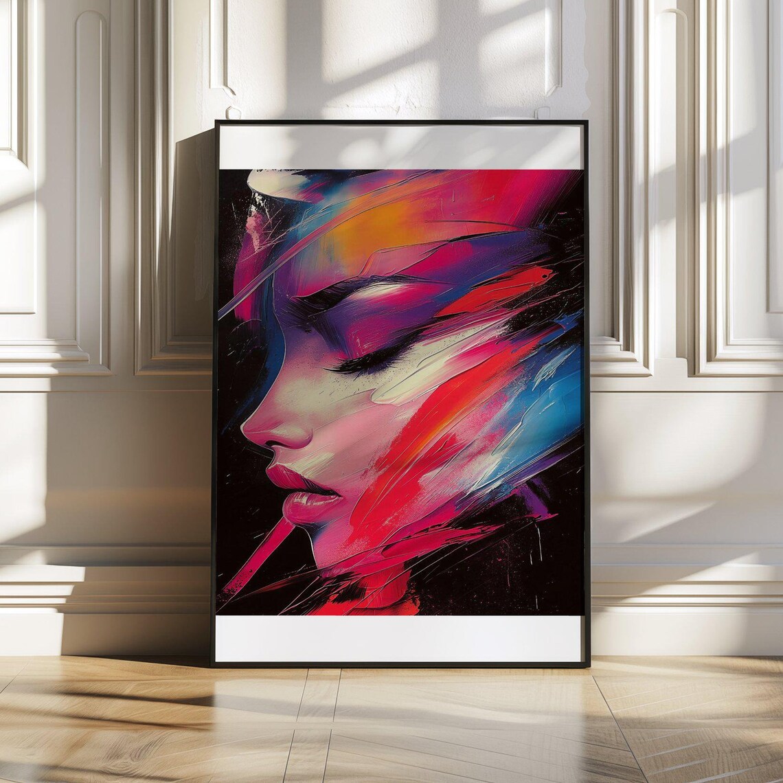 Electric Pink and Red Expressionist Woman's Face Profile Art Poster