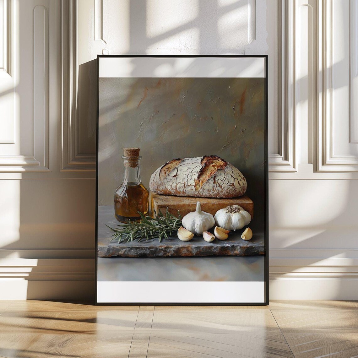 Rustic Sourdough Bread With Olive Oil And Garlic Still Life Print