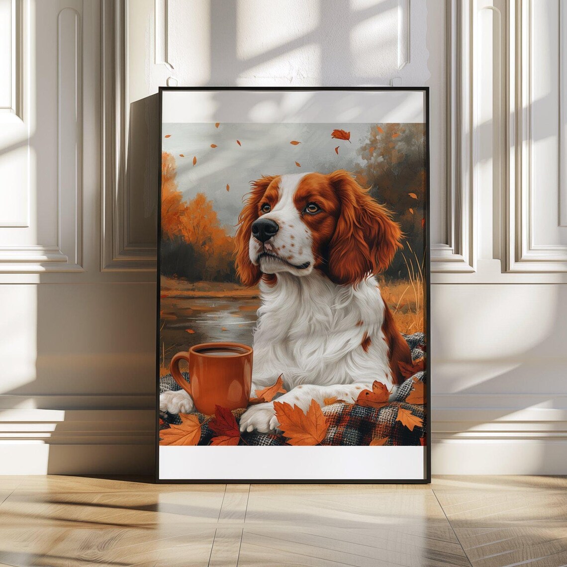 Sweet Spaniel Puppy Resting Among Falling Autumn Leaves Art Poster