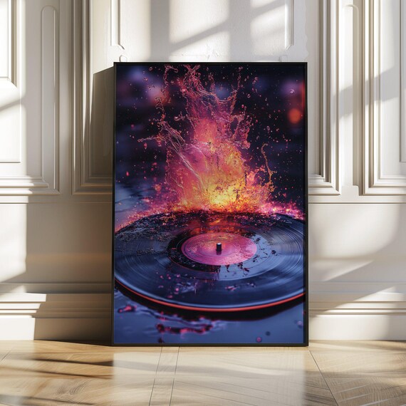 Vinyl Record With Fiery Pink And Red Paint Splash Explosion Poster