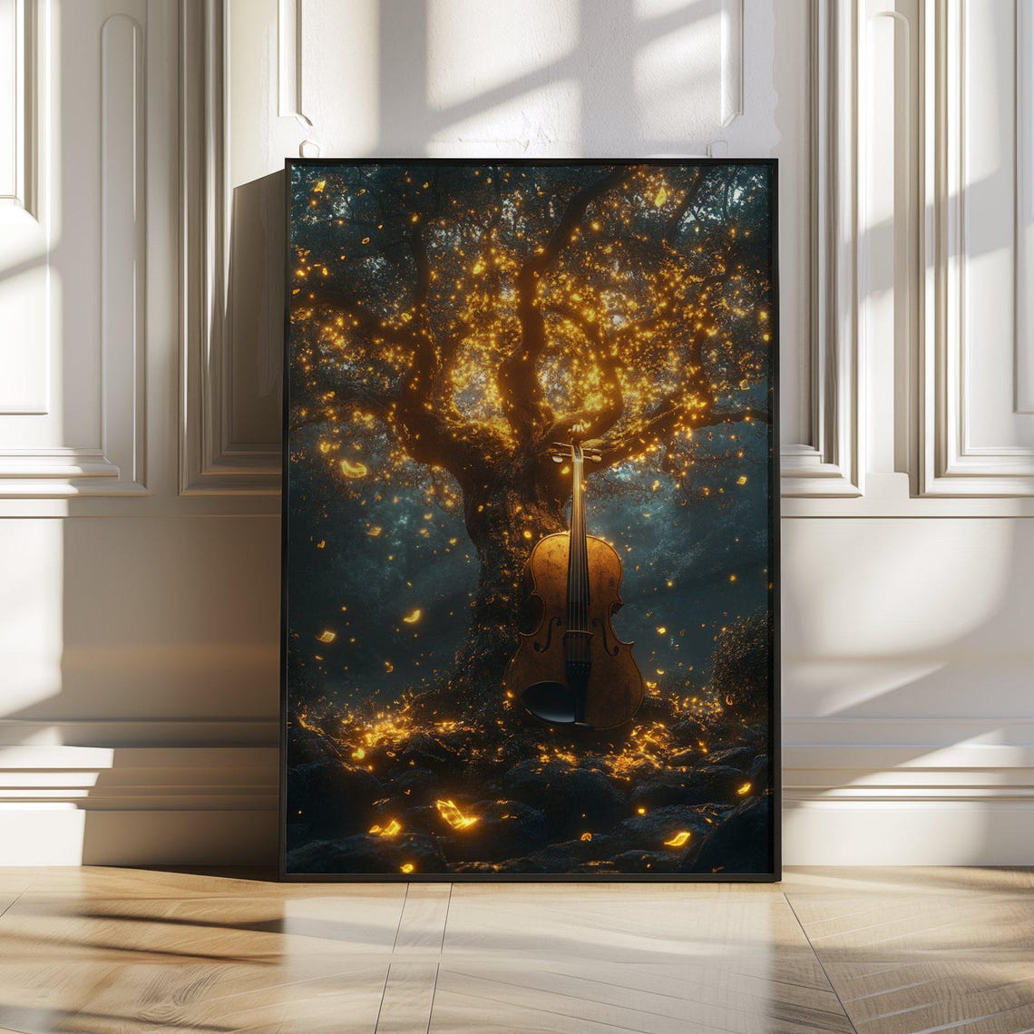 Enchanted Forest Violin Art Musical Instrument Nature Scene Wall Art Print Or Stretched Mystic Golden Tree Dcor New Home Gift