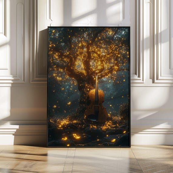 Enchanted Forest Violin Art Musical Instrument Nature Scene Wall Art Print Or Stretched Mystic Golden Tree Dcor New Home Gift