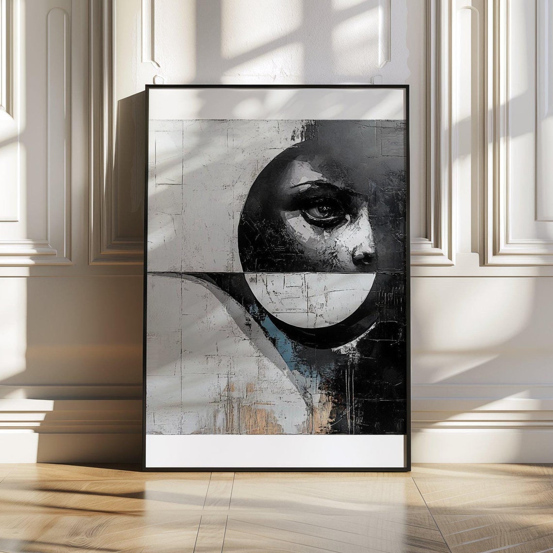 Monochrome Woman's Face with Bold Circle Abstract Art Poster
