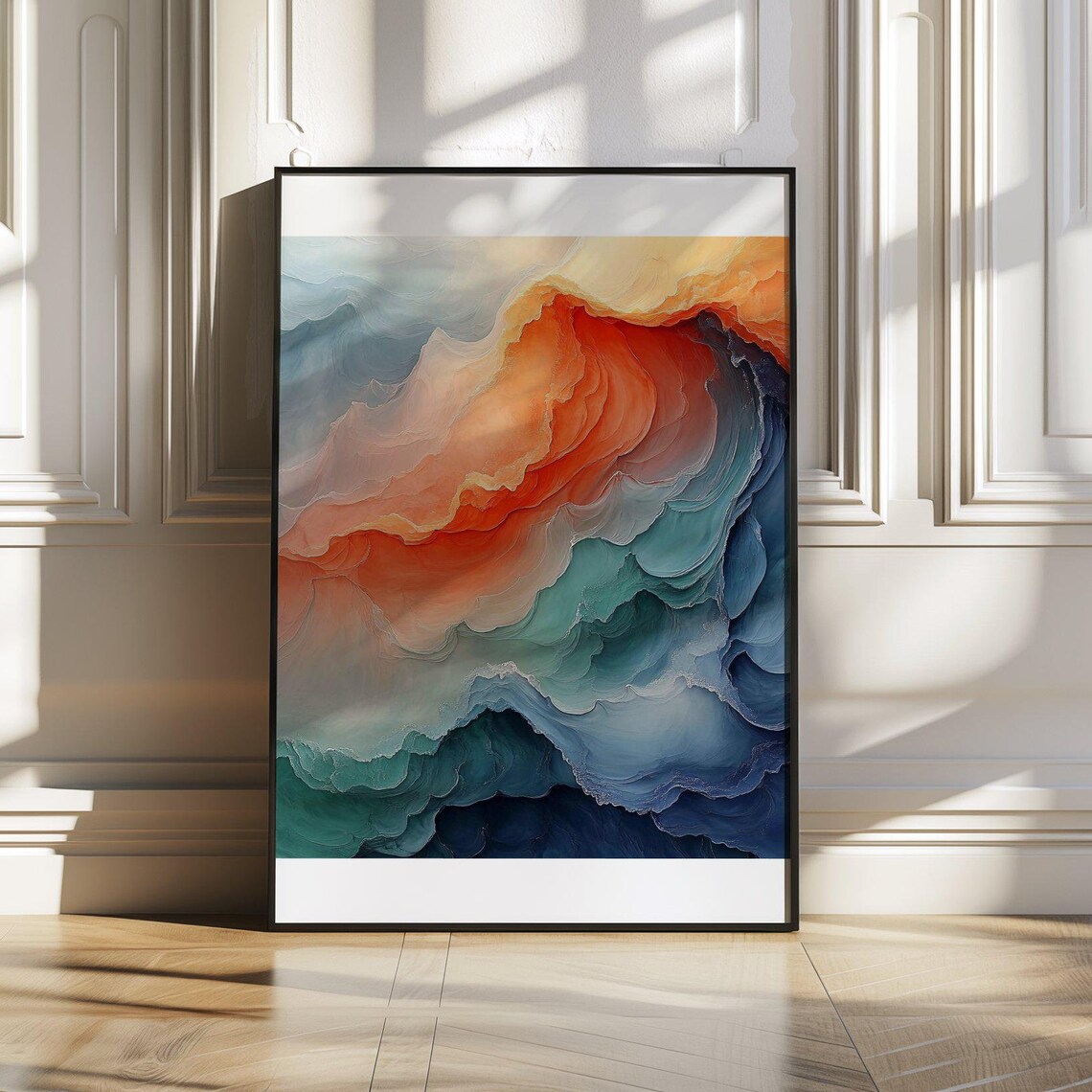 Layered Teal and Burnt Orange Ocean Waves Abstract Art Poster
