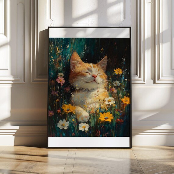 Happy Kitten Among Wildflowers Poster With Impressionist Style