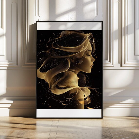Golden Hair Woman Portrait Poster Black Background Elegant Art